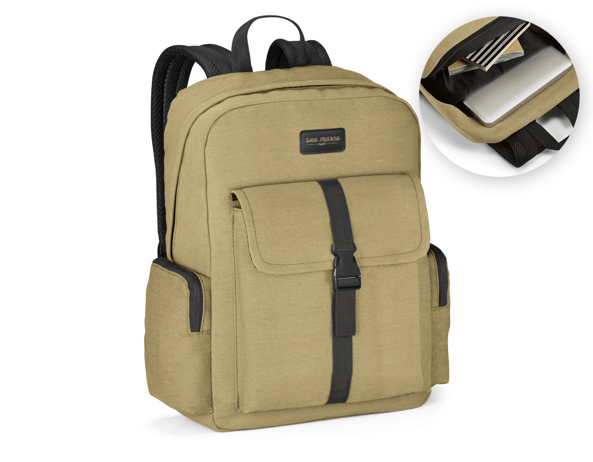 Mochila para computador em algodão canvas pré-lavado. Compartimento principal forrado, com 2 divisórias almofadadas para computador até 15.6'' e tablet até 10.5''. A mochila tem bolso frontal e 2 bolsos laterais. Parte posterior e alças são almofadadas.