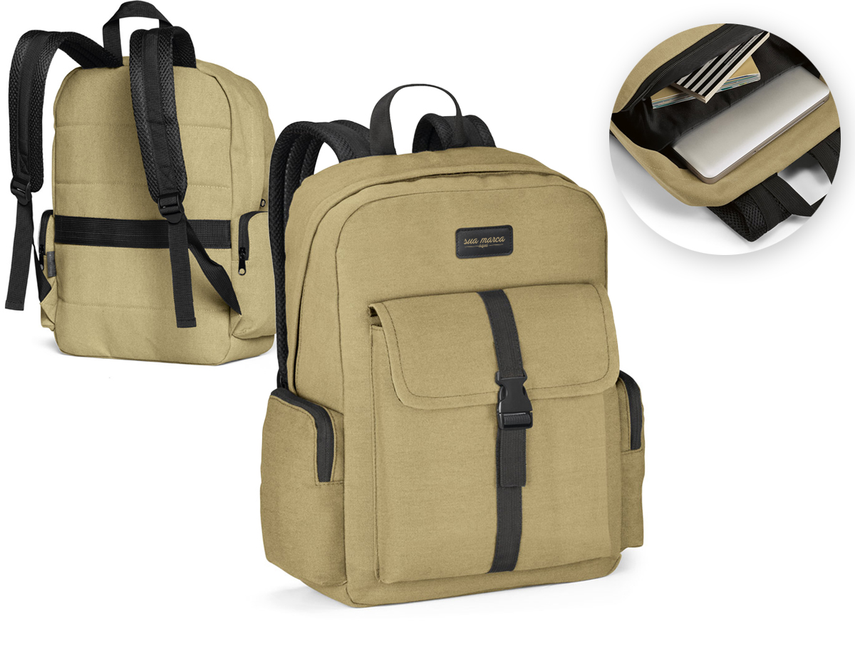 Mochila para computador em algodão canvas pré-lavado. Compartimento principal forrado, com 2 divisórias almofadadas para computador até 15.6'' e tablet até 10.5''. A mochila tem bolso frontal e 2 bolsos laterais. Parte posterior e alças são almofadadas.