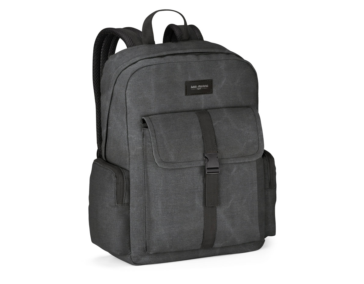 Mochila para computador em algodão canvas pré-lavado. Compartimento principal forrado, com 2 divisórias almofadadas para computador até 15.6'' e tablet até 10.5''. A mochila tem bolso frontal e 2 bolsos laterais. Parte posterior e alças são almofadadas.