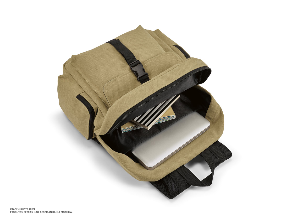 Mochila para computador em algodão canvas pré-lavado. Compartimento principal forrado, com 2 divisórias almofadadas para computador até 15.6'' e tablet até 10.5''. A mochila tem bolso frontal e 2 bolsos laterais. Parte posterior e alças são almofadadas.