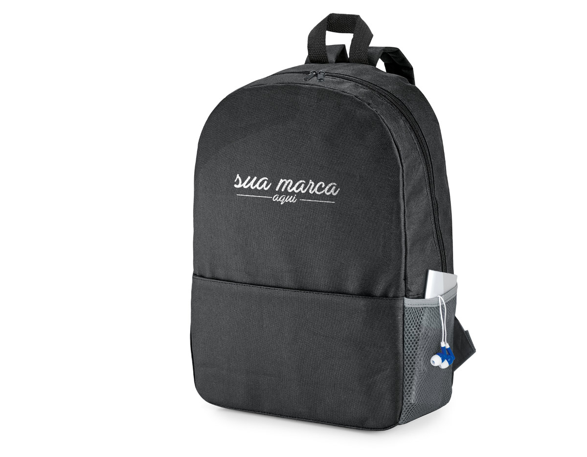 Mochila para notebook em 600D. Compartimento com divisória almofadada para notebook até 15.6''. Bolso lateral em tela e bolso frontal. Parte posterior e alças almofadadas.