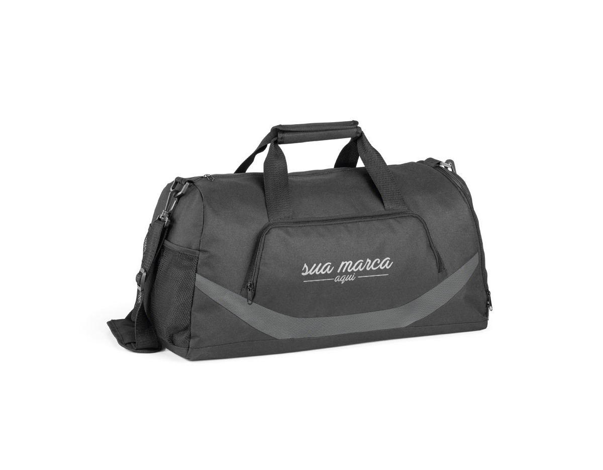 Bolsa esportiva em 300D e 1680D. Fundo com placa semi-rígida. Contém um bolso frontal com ziper, um bolso lateral em tela e um bolso lateral para sapatos. Alça de ombro ajustável, com reforço almofadado