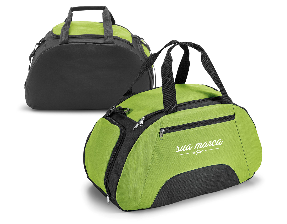 Bolsa esportiva em 600D com divisória interior e fundo com placa semi-rígida. Bolso frontal e bolso lateral para calçado, ambos com zíper. Alça de ombro ajustável