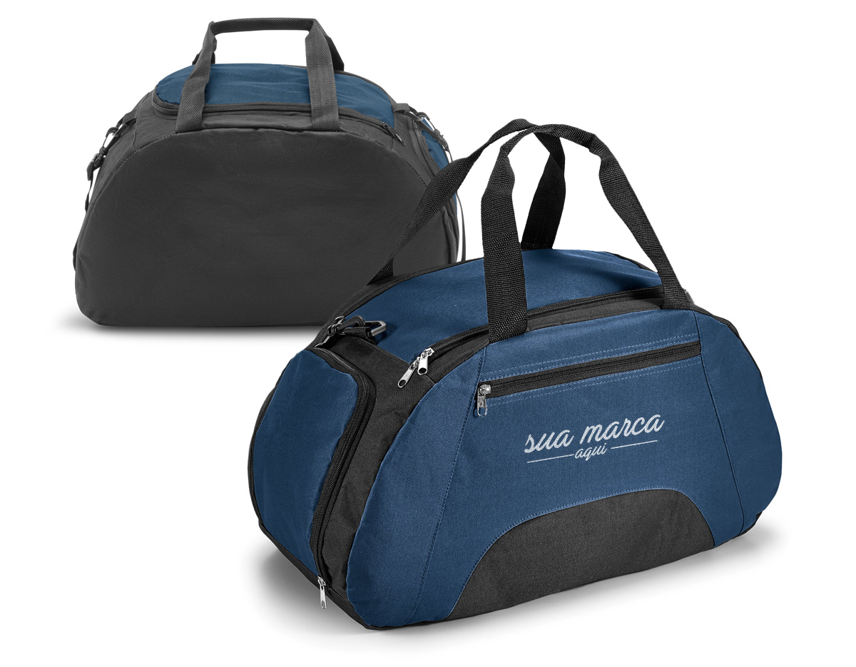 Bolsa esportiva em 600D com divisória interior e fundo com placa semi-rígida. Bolso frontal e bolso lateral para calçado, ambos com zíper. Alça de ombro ajustável