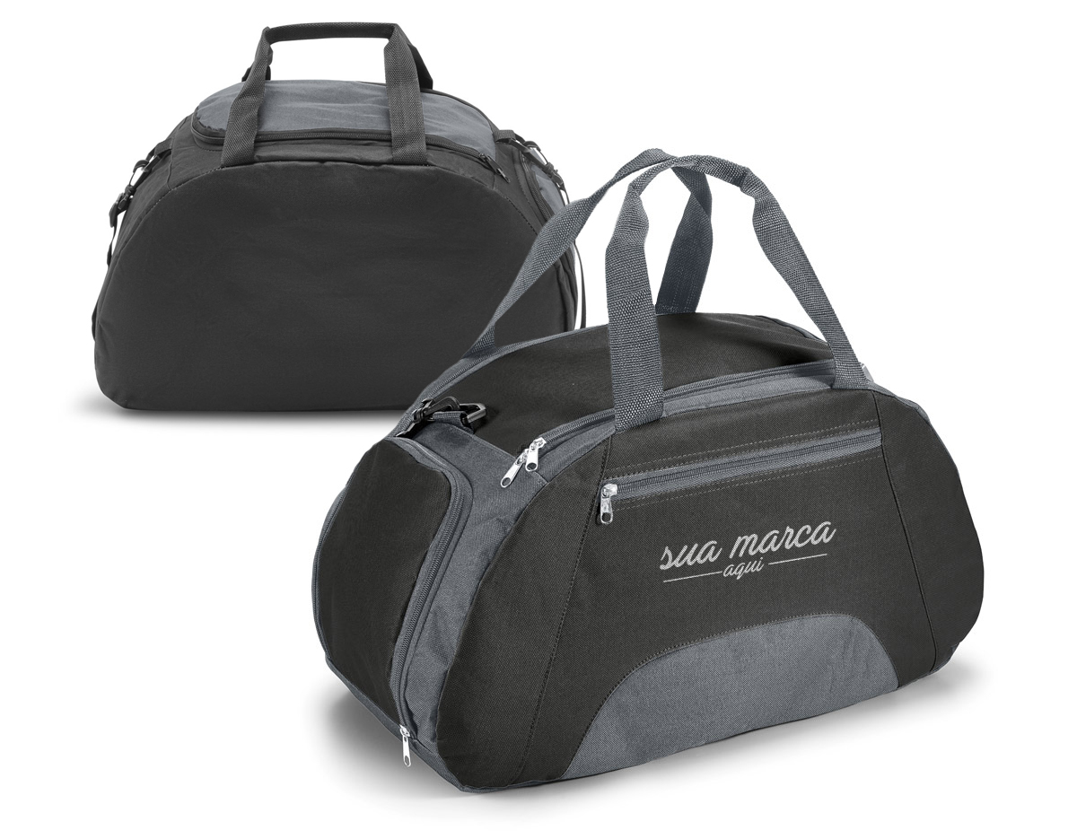 Bolsa esportiva em 600D com divisória interior e fundo com placa semi-rígida. Bolso frontal e bolso lateral para calçado, ambos com zíper. Alça de ombro ajustável