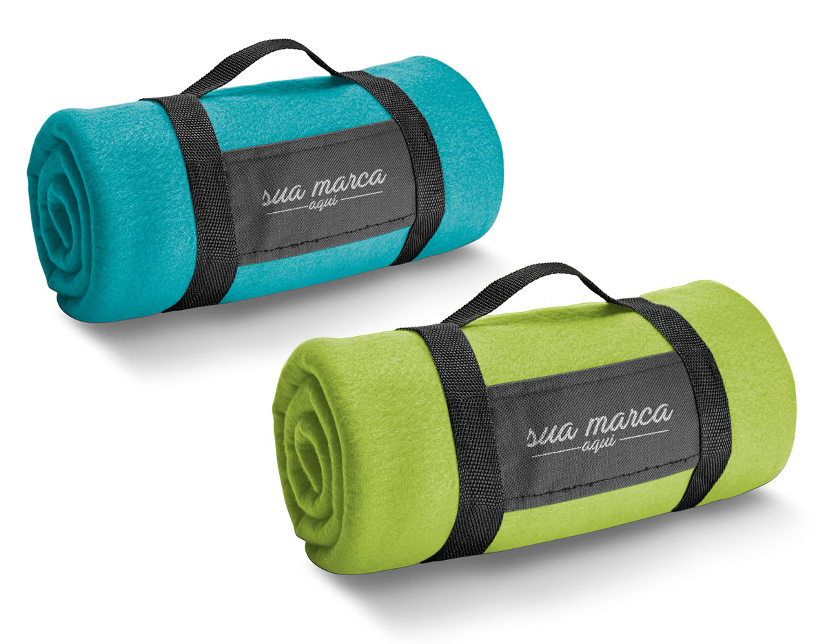 Manta em tecido polar (180 g/m²) com alça removível para facilitar o transporte