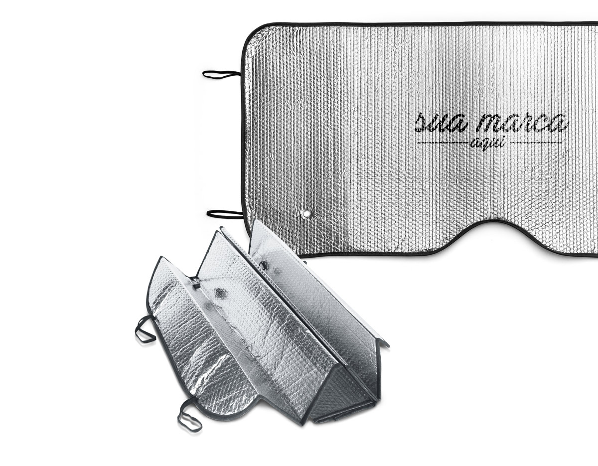 Protetor solar para carro sem PE bubble e forrado com folha de alumínio na frente e verso. Adequado para vidro frontal e incluso 2 fixadores de ventosa