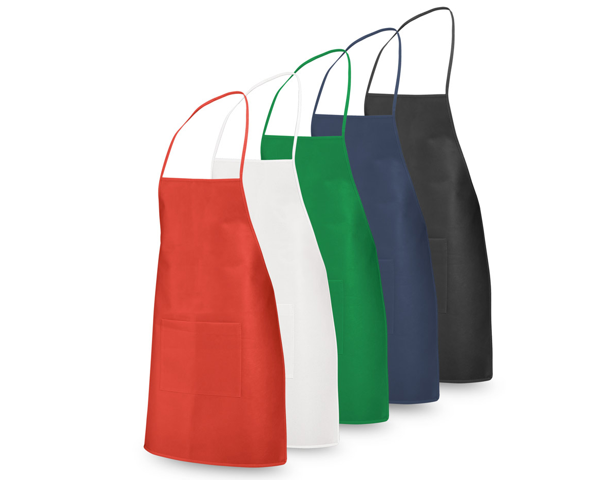 Avental em non-woven (80 g/m²) com 1 bolso frontal e fitas de ajuste