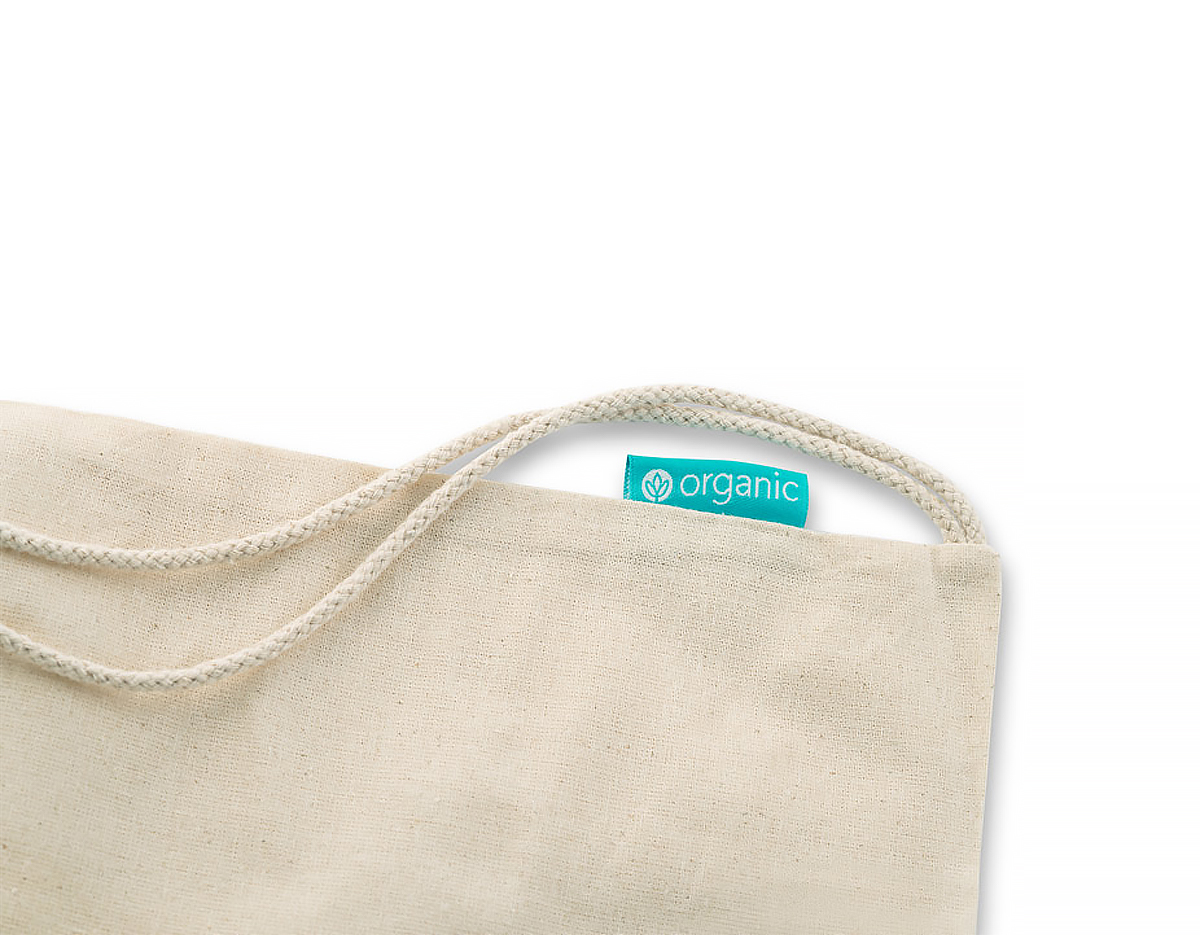 Sacola tipo mochila 100% algodão orgânico (120 g/m²) proveniente de um cultivo sustentável, sem químicos ou pesticidas. 370 x 410 mm