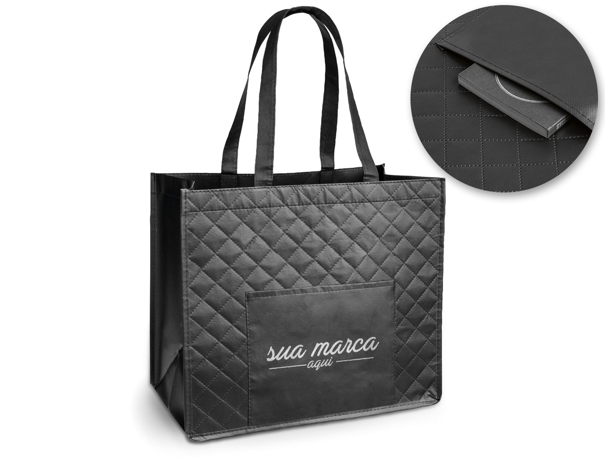 Sacola de compras em non-woven laminado (110 g/m²) com bolso frontal (175 g/m²). 381 x 330 mm