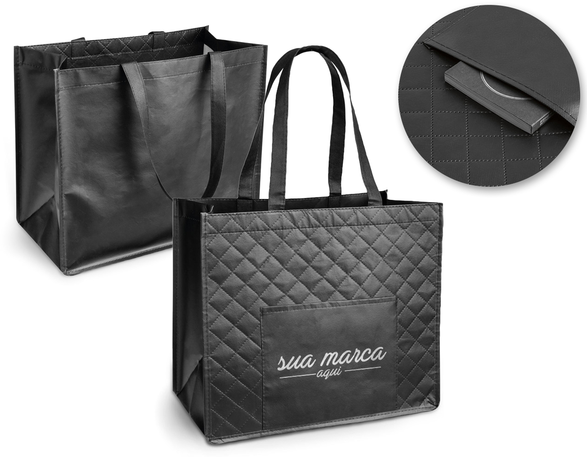 Sacola de compras em non-woven laminado (110 g/m²) com bolso frontal (175 g/m²). 381 x 330 mm