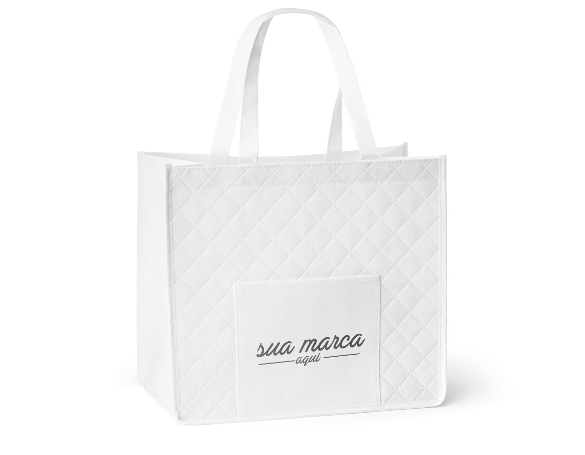 Sacola de compras em non-woven laminado (110 g/m²) com bolso frontal (175 g/m²). 381 x 330 mm