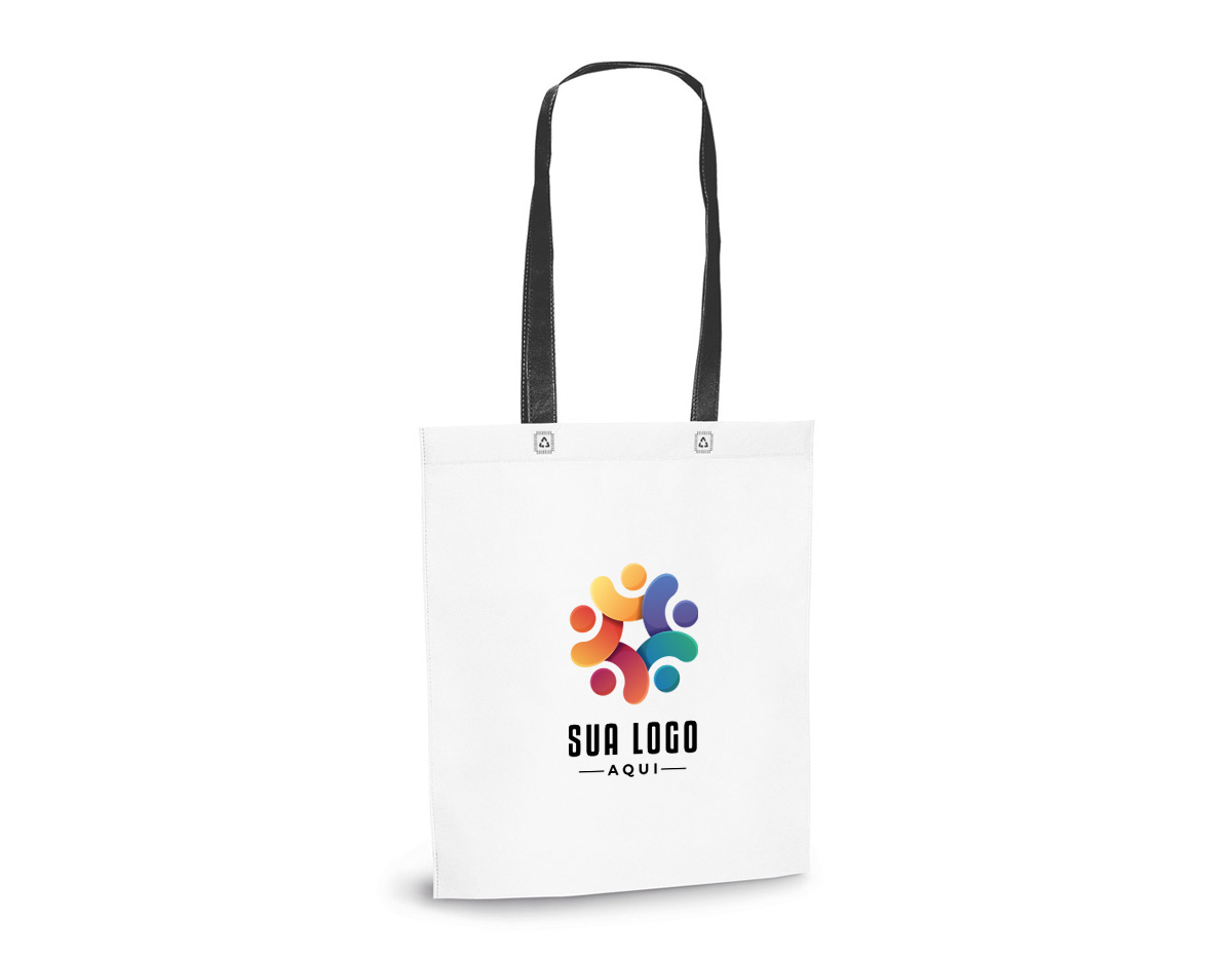 Sacola em non-woven (80 g/m²) termo-selado com alças de 55 cm. 330 x 390 x 80 mm