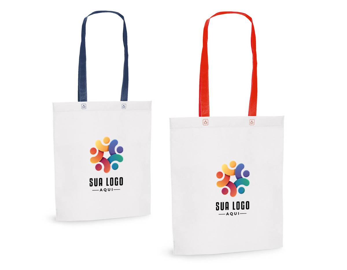 Sacola em non-woven (80 g/m²) termo-selado com alças de 55 cm. 330 x 390 x 80 mm