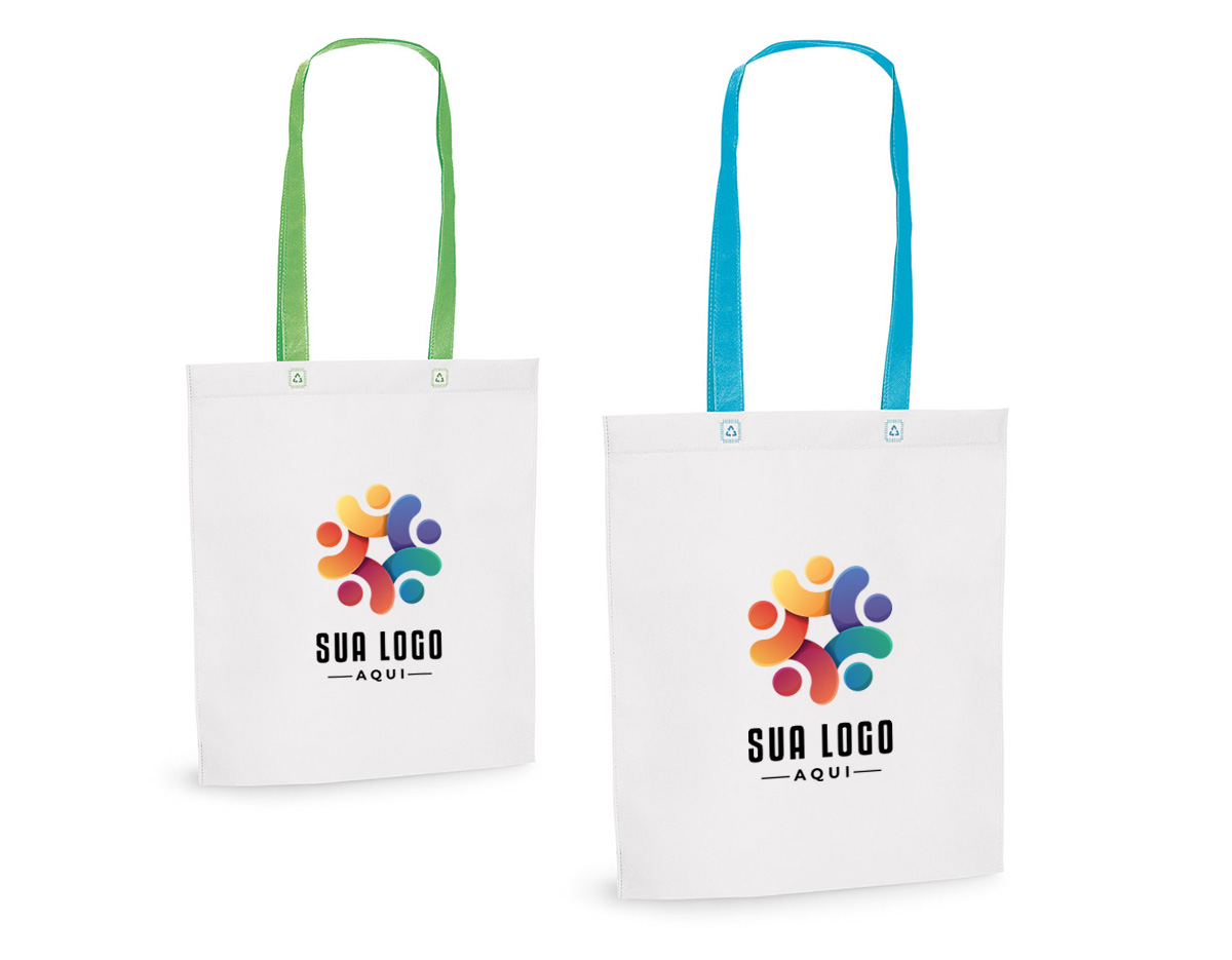 Sacola em non-woven (80 g/m²) termo-selado com alças de 55 cm. 330 x 390 x 80 mm