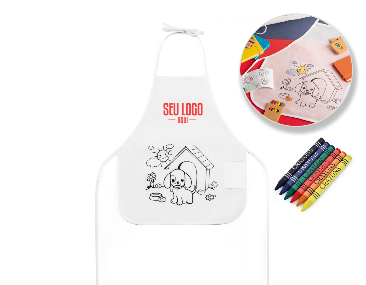 Avental de criança para colorir em non-woven (80 g/m²) com desenho impresso e bolso lateral. 6 gizes de cera inclusos. 380 x 430 mm