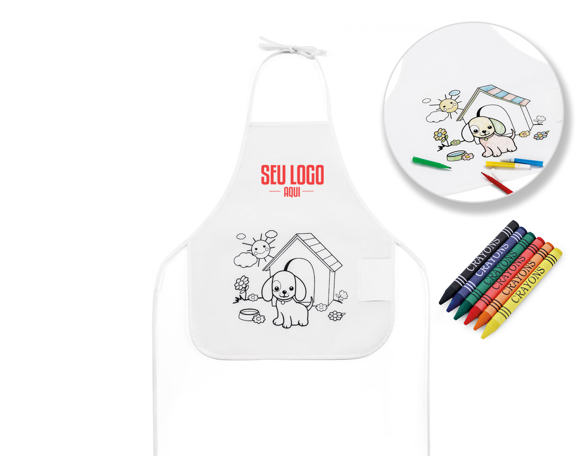 Avental de criança para colorir em non-woven (80 g/m²) com desenho impresso e bolso lateral. 6 gizes de cera inclusos. 380 x 430 mm