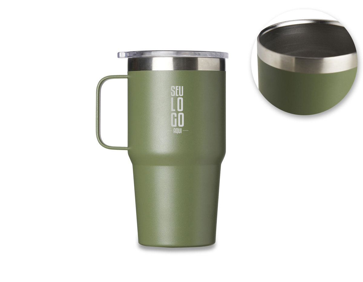 Caneca térmica de Inox com capacidade para 700ml. Acompanha uma tampa de plástico transparente .