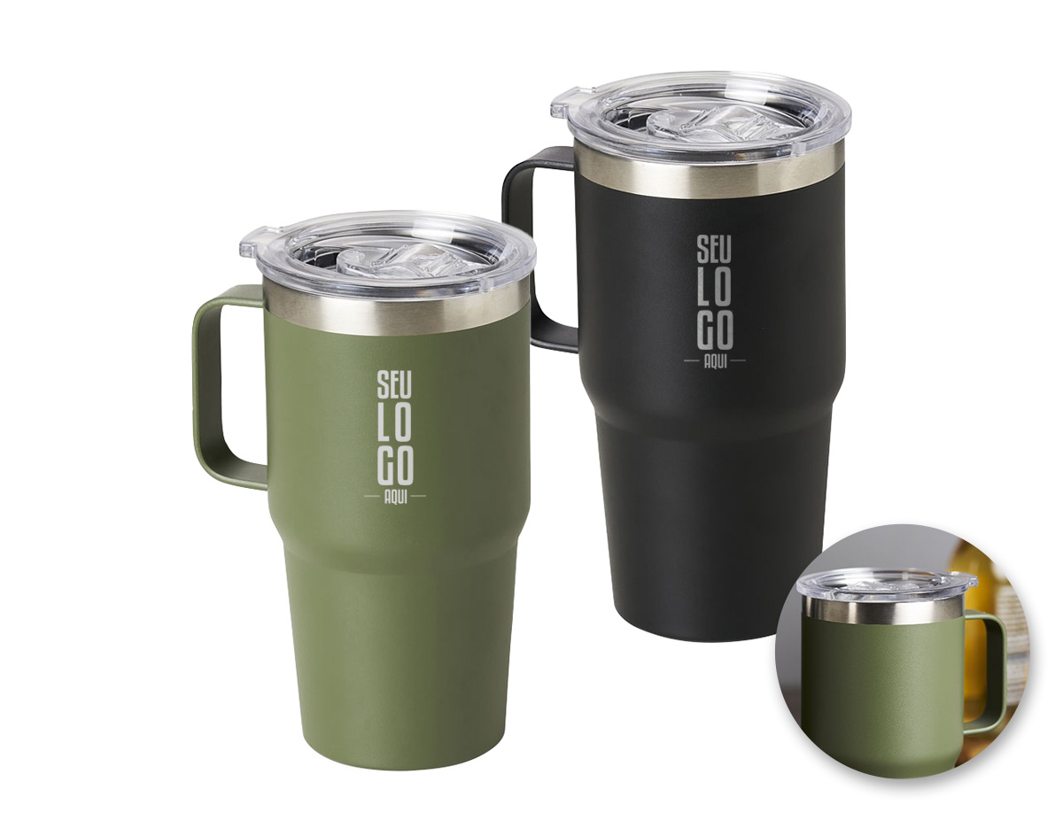 Caneca térmica de Inox com capacidade para 700ml. Acompanha uma tampa de plástico transparente .