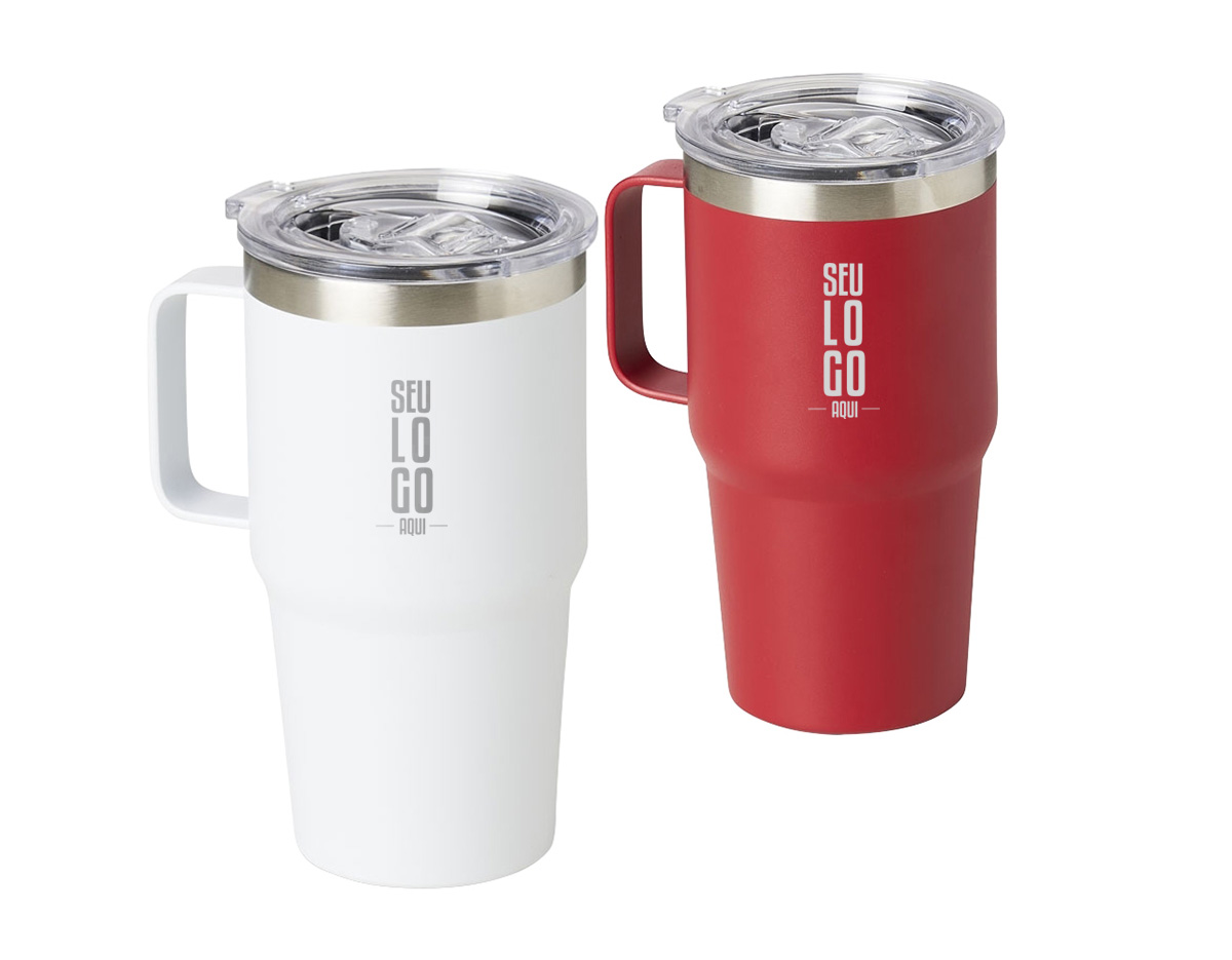 Caneca térmica de Inox com capacidade para 700ml. Acompanha uma tampa de plástico transparente .