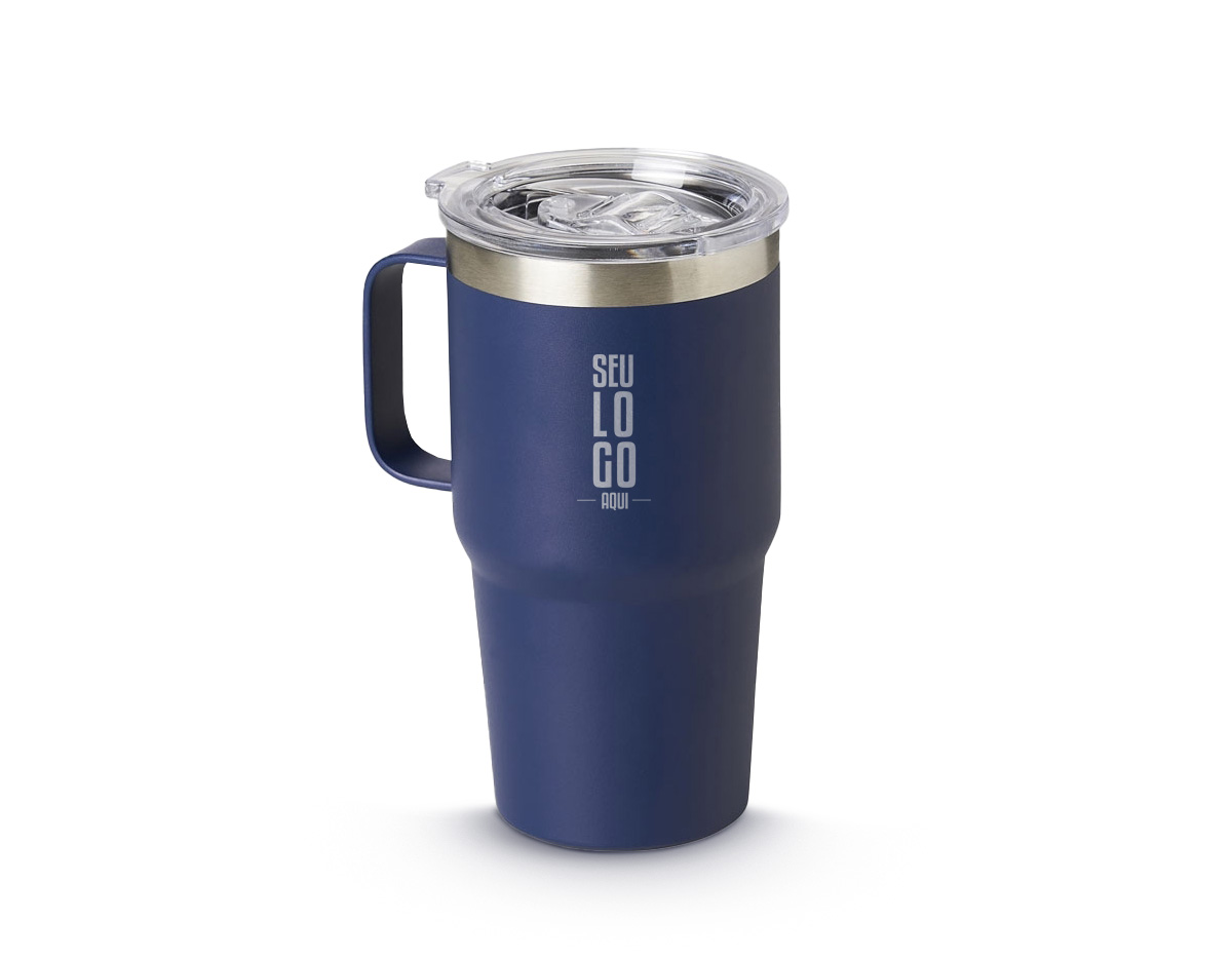 Caneca térmica de Inox com capacidade para 700ml. Acompanha uma tampa de plástico transparente .