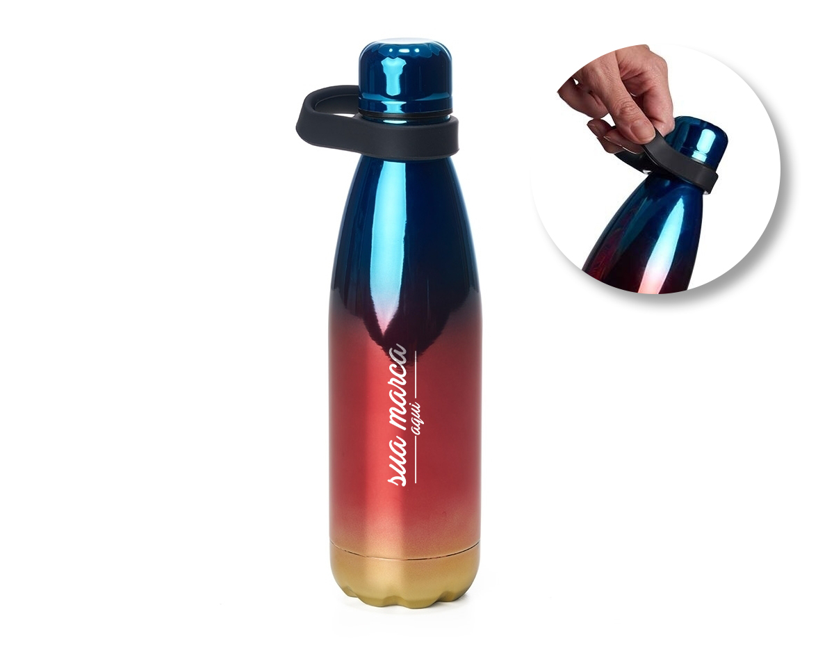 Garrafa térmica em Inox com parede dupla. Capacidade para 510ml. Acompanha tampa com vedação a prova de vazamento e alça de silicone para transporte.