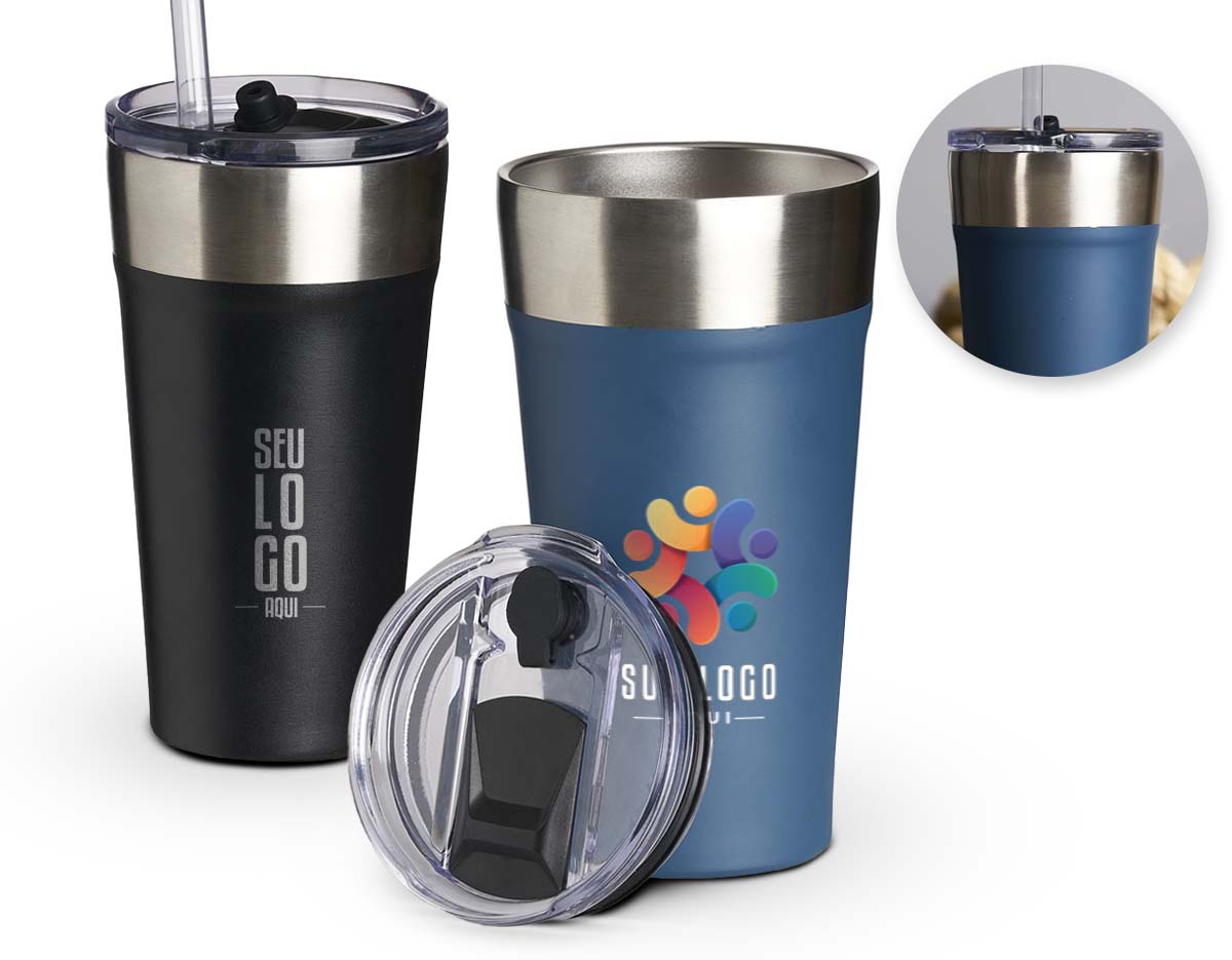 Copo térmico com canudo de capacidade para 500ml . Feito em inox 18/8 e livre de BPA. Possui abridor de garrafas acoplado em sua base. Acompanha canudo e tampa de plástico.