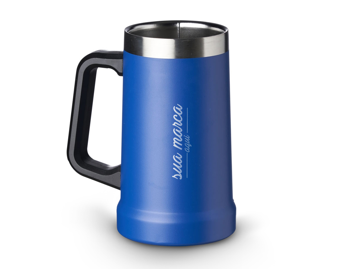 Caneca térmica de inox com pegador plástico, capacidade de 700ml. Material livre de BPA.