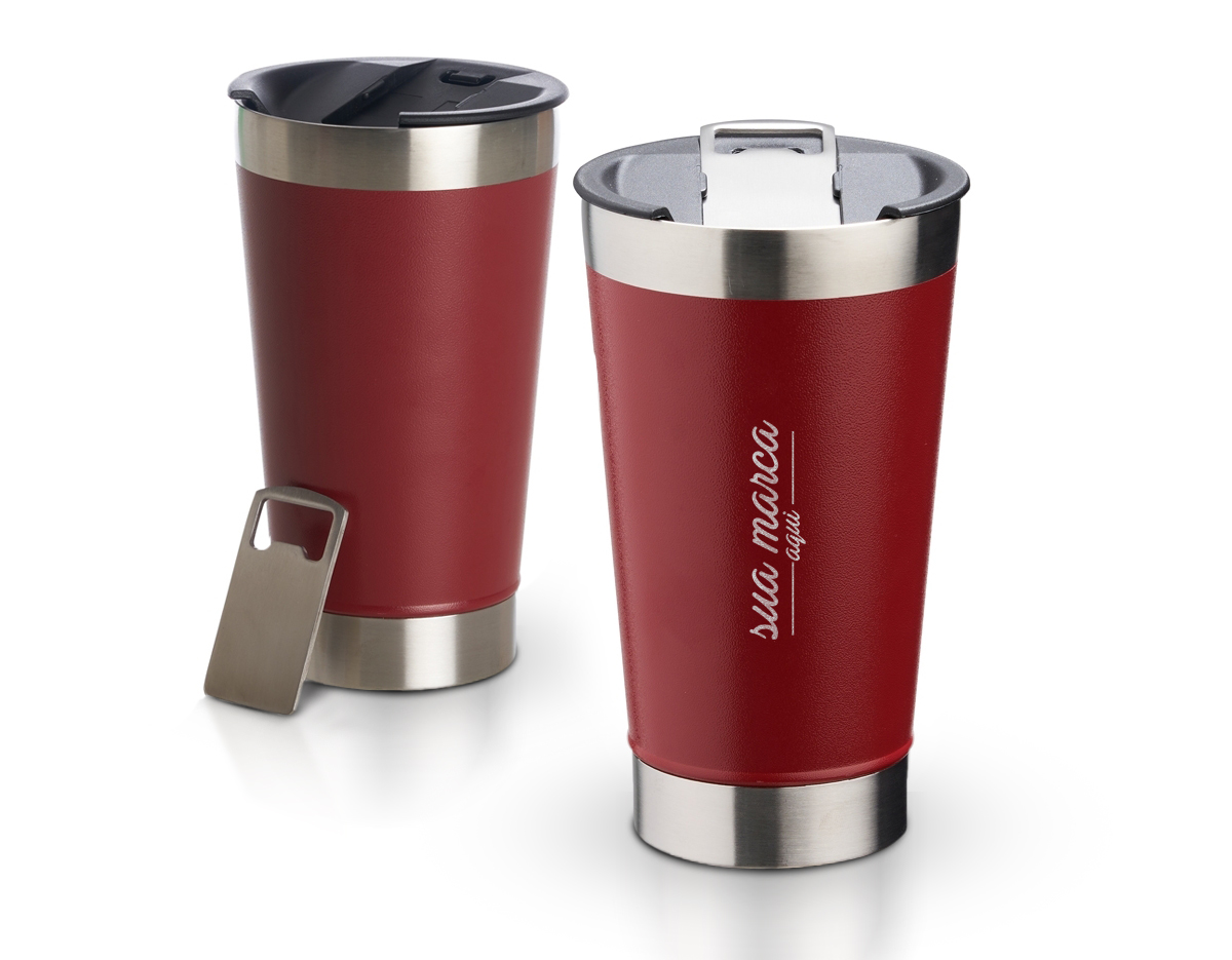 Copo térmico de inox com acabamento texturizado e capacidade 500ml, material livre de BPA. Contém tampa com abridor.