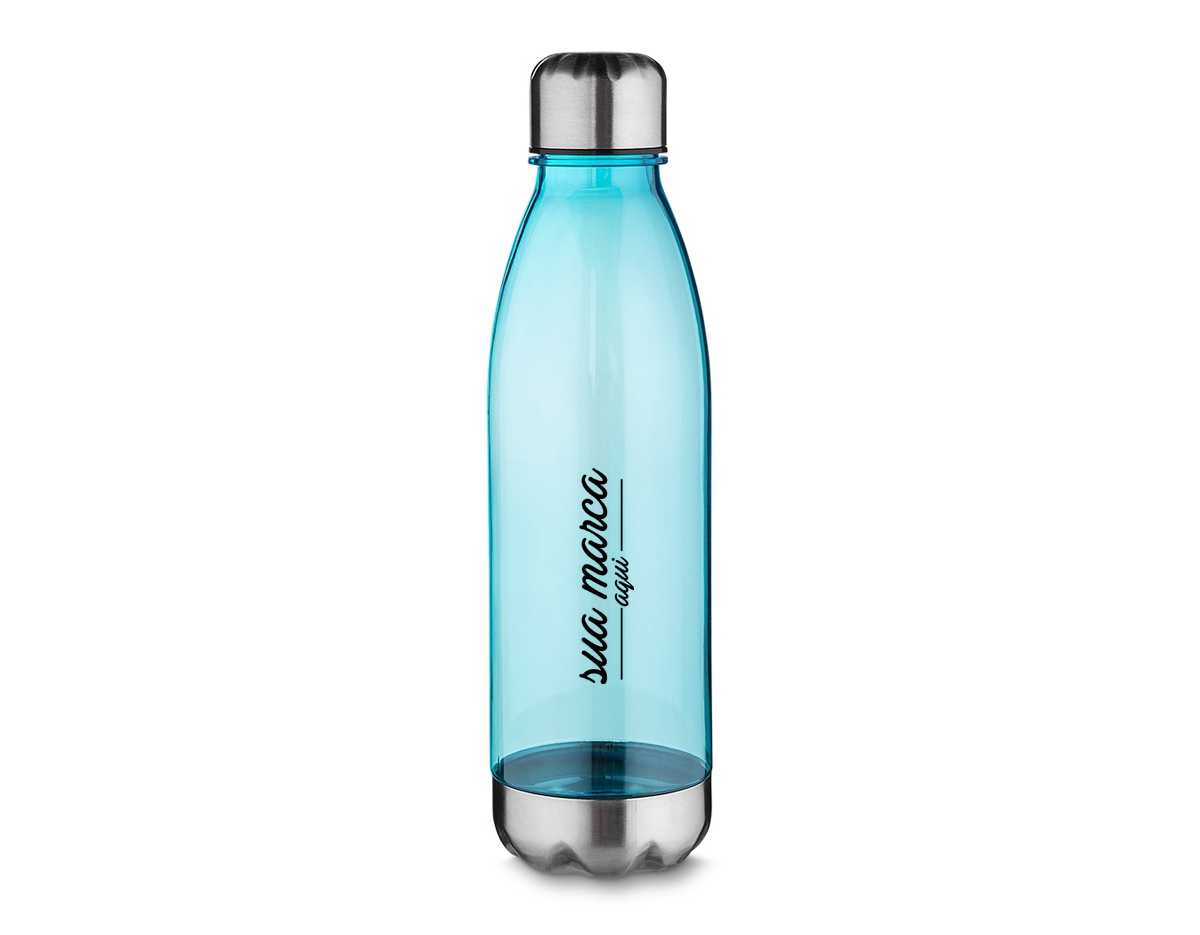 Squeeze plástico 700ml formato garrafa. Corpo transparente colorido, possui tampa e base em alumínio.