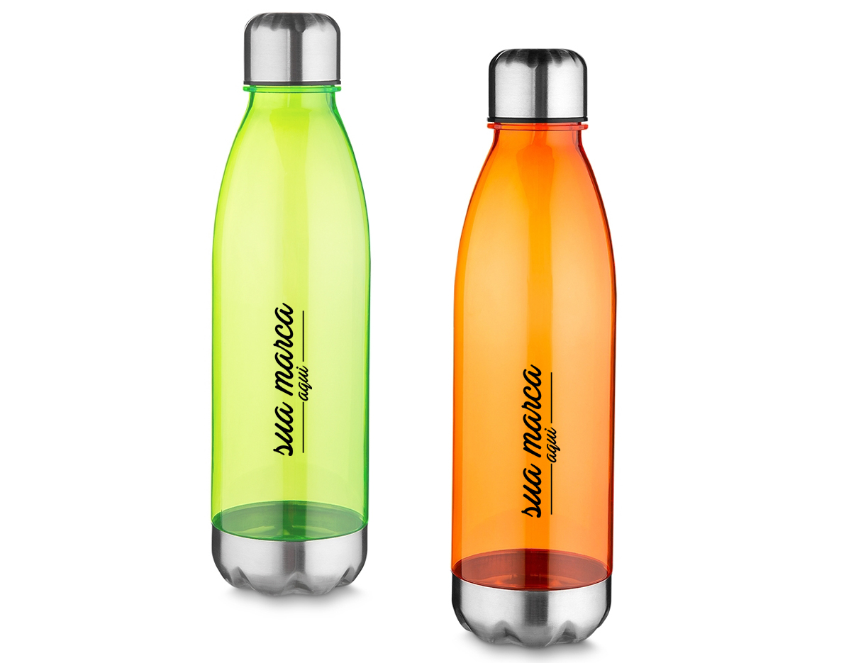Squeeze plástico 700ml formato garrafa. Corpo transparente colorido, possui tampa e base em alumínio.