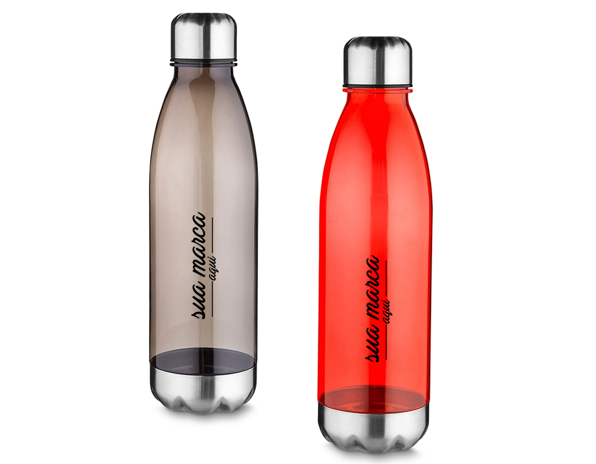 Squeeze plástico 700ml formato garrafa. Corpo transparente colorido, possui tampa e base em alumínio.