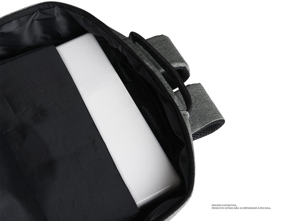 Mochila confeccionada em nylon com compartimento para notebook até 15,6 polegadas. Contém compartimento grande com divisórias para documentos, eletrônicos e caneta, compartimento mediano com abertura vertical, compartimento frontal, bolso lateral e adaptador USB externo com cabo acoplado, permitindo a conexão de um carregador portátil de dentro da mochila e transferência da carga para o lado externo, ocultando o carregador e viabilizando a utilização do celular durante o processo. Contém zíperes com pegadores plásticos, alça de mão em nylon e alças para as costas ajustáveis com revestimento espumado antitranspirante.