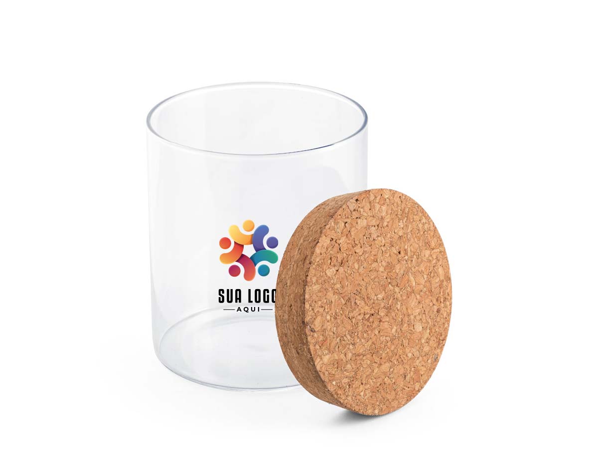 Frasco em vidro borossilicato com tampa de cortiça. Capacidade até 700ml. Fornecido em caixa presente de papel kraft reciclado. Certificação EU Food Grade