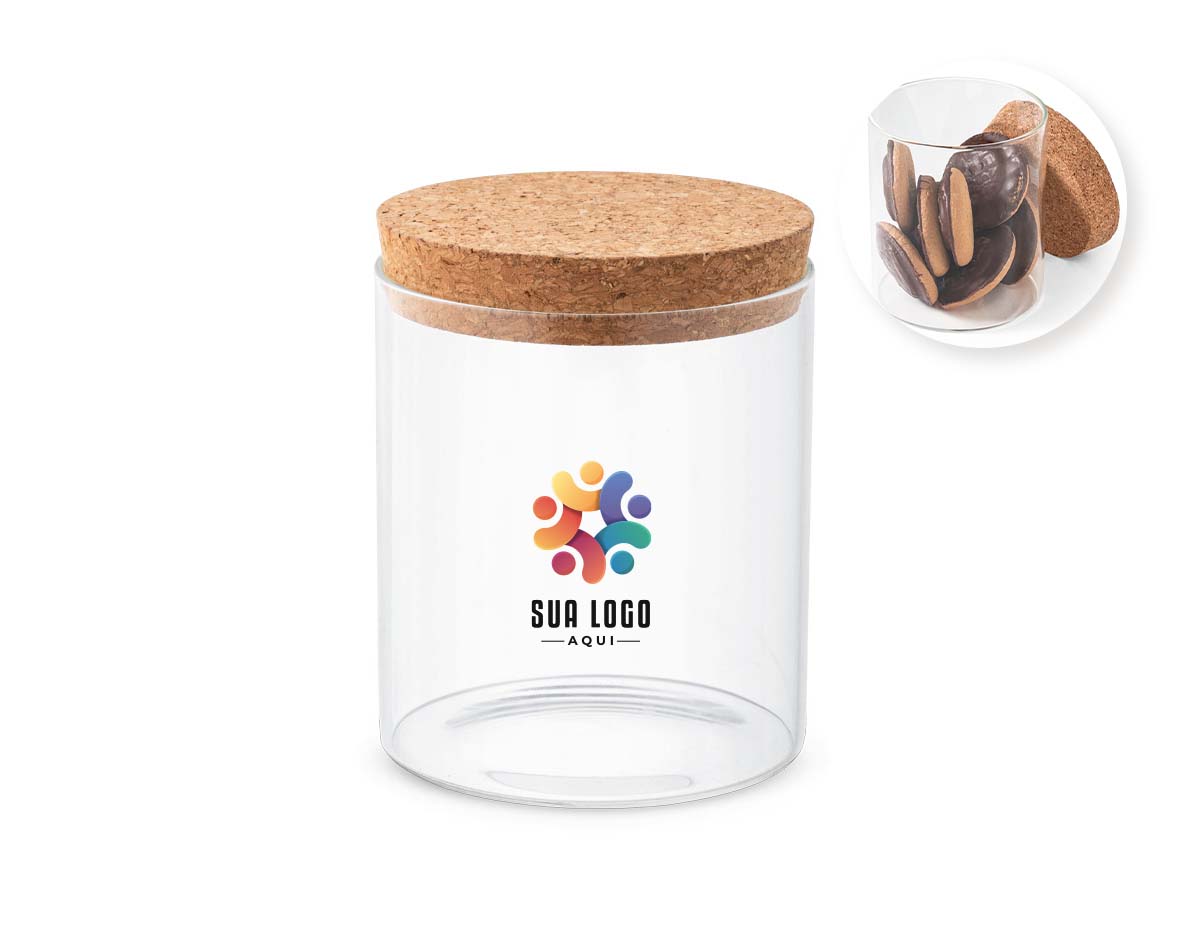 Frasco em vidro borossilicato com tampa de cortiça. Capacidade até 700ml. Fornecido em caixa presente de papel kraft reciclado. Certificação EU Food Grade