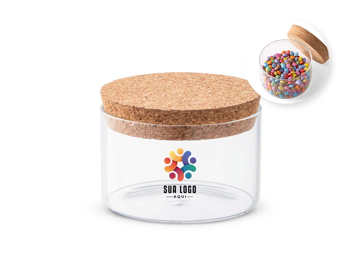 Frasco em vidro borosilicato e tampa de cortiça. Capacidade até 380ml. Food grade. 