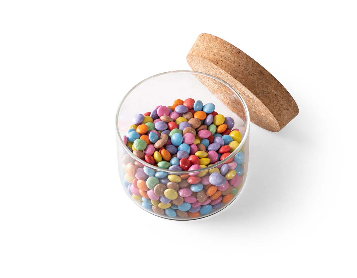 Frasco em vidro borosilicato e tampa de cortiça. Capacidade até 380ml. Food grade. 