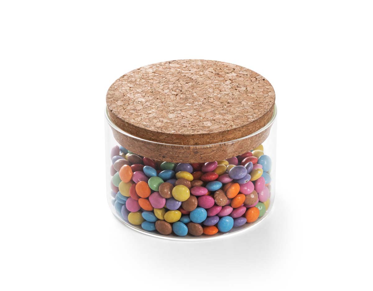 Frasco em vidro borosilicato e tampa de cortiça. Capacidade até 380ml. Food grade. 