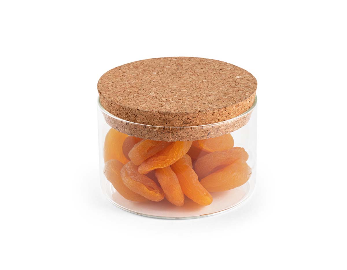 Frasco em vidro borosilicato e tampa de cortiça. Capacidade até 380ml. Food grade. 