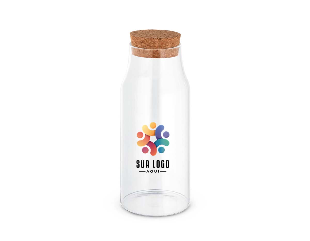 Garrafa de água para mesa em vidro borossilicato com tampa de cortiça. Capacidade até 800 mL. Fornecido em caixa presente de papel kraft reciclado. Certificação EU Food Grade.