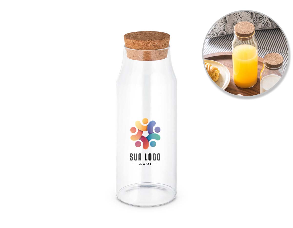 Garrafa de vidro borosilicato com tampa de cortiça. Capacidade até 1L. 