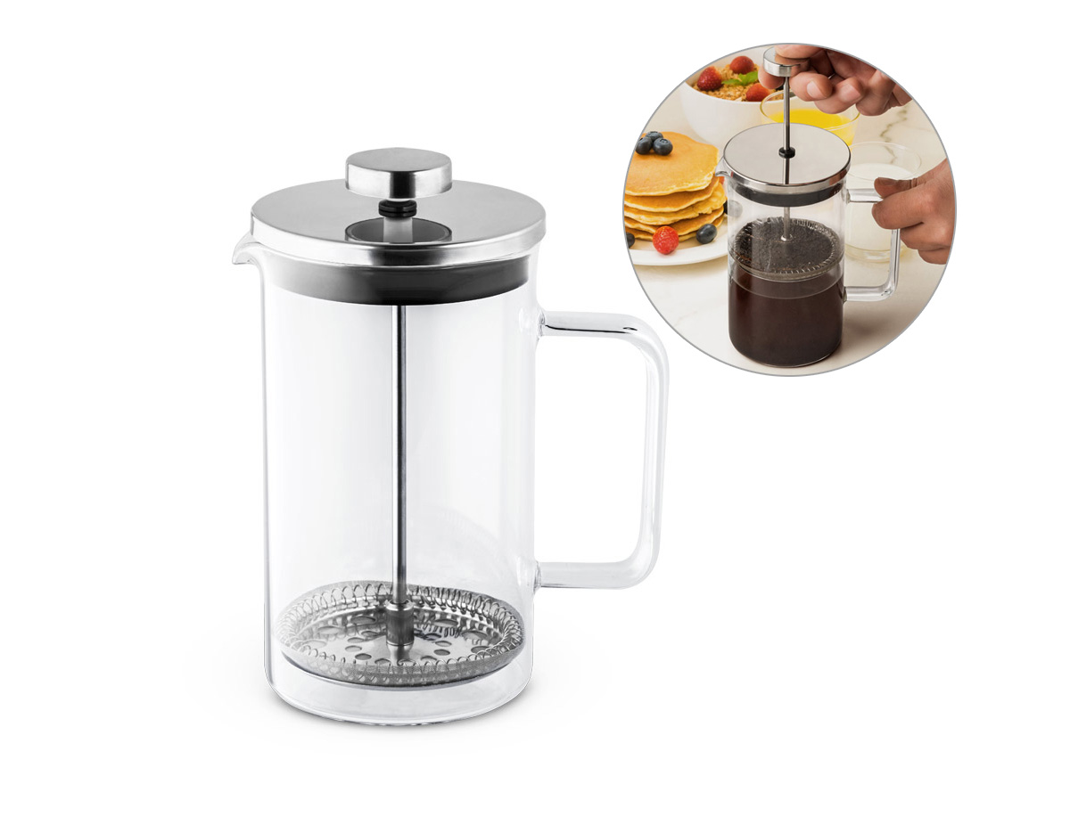 Cafeteira em vidro borosilicato e aço inox. Capacidade até 600 ml. Food grade. Fornecida em caixa