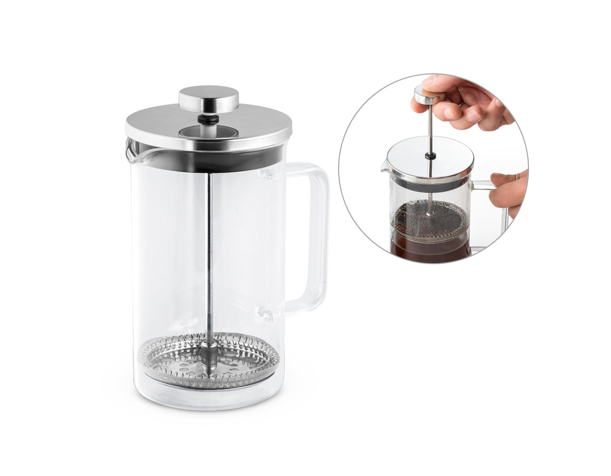Cafeteira em vidro borosilicato e aço inox. Capacidade até 600 ml. Food grade. Fornecida em caixa