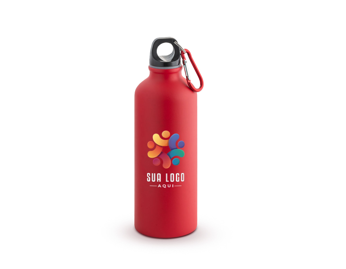Squeeze em alumínio com acabamento mate e mosquetão para facilitar o transporte. Capacidade até 550 ml.