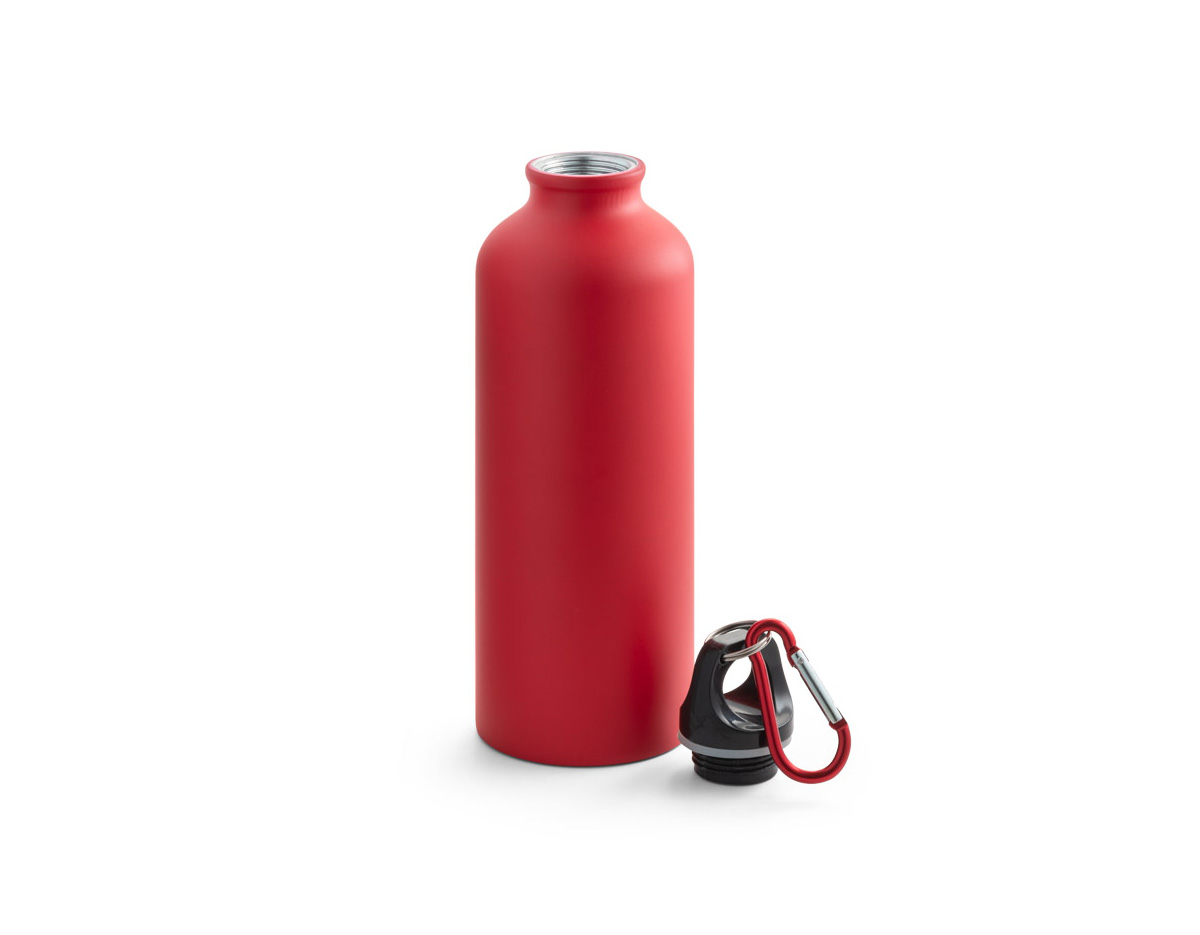 Squeeze em alumínio com acabamento mate e mosquetão para facilitar o transporte. Capacidade até 550 ml.