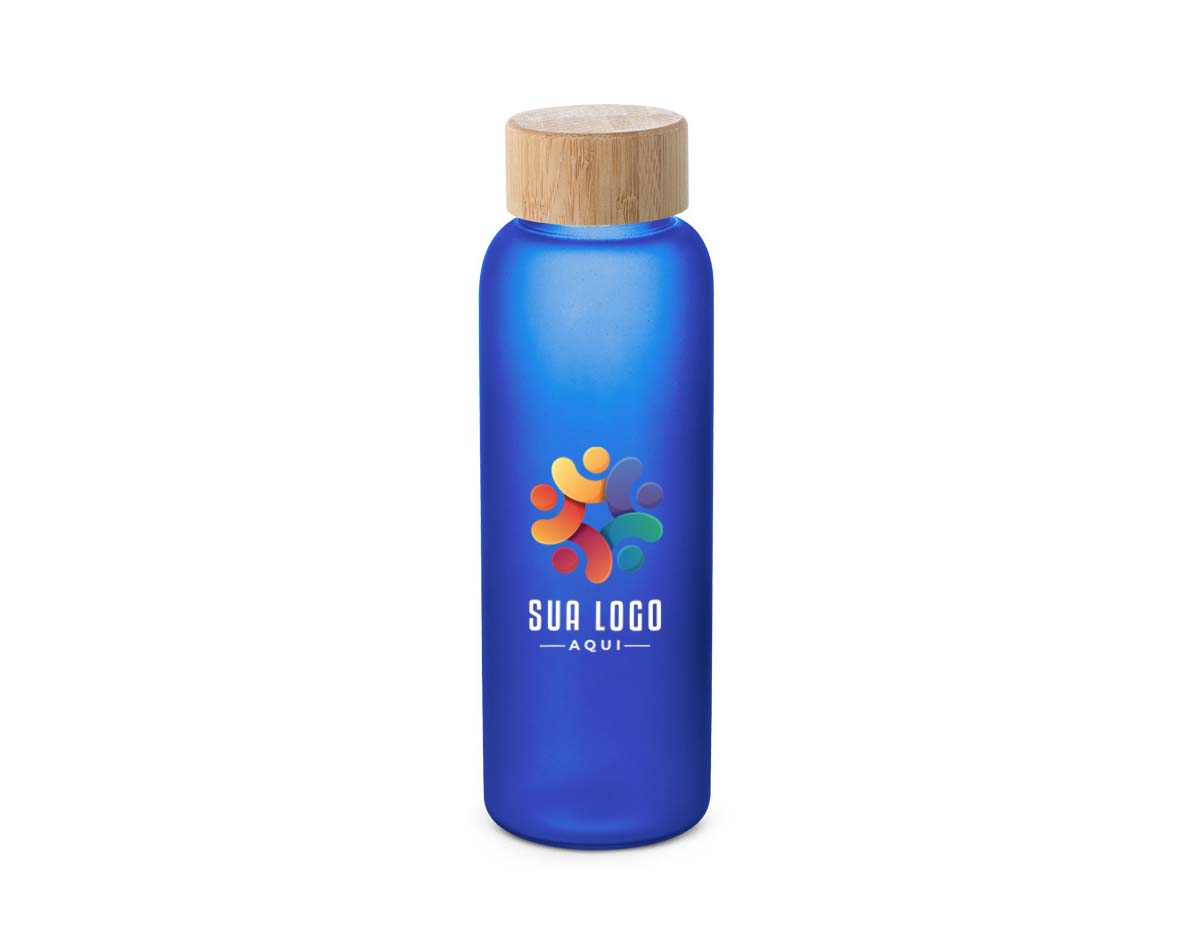 Squeeze em vidro borossilicato fosco com tampa em bambu. Capacidade até 500 mL. Certificação EU Food Grade. 