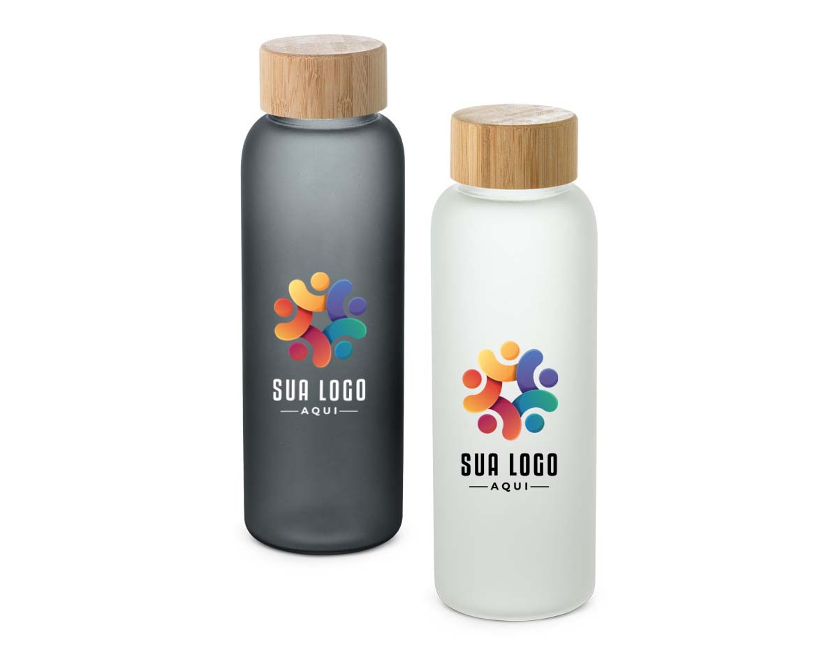 Squeeze em vidro borossilicato fosco com tampa em bambu. Capacidade até 500 mL. Certificação EU Food Grade. 