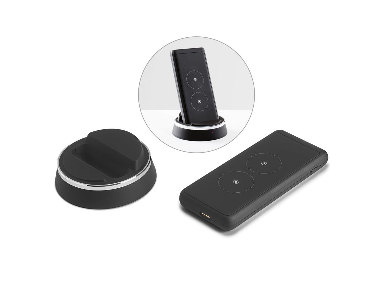 bateria portátil com uma base de carregamento em ABS e PC que permite simultaneamente ser usada como um carregador wireless. Capacidade de 10 000 mAh e potência de carregamento wireless de 10W.
