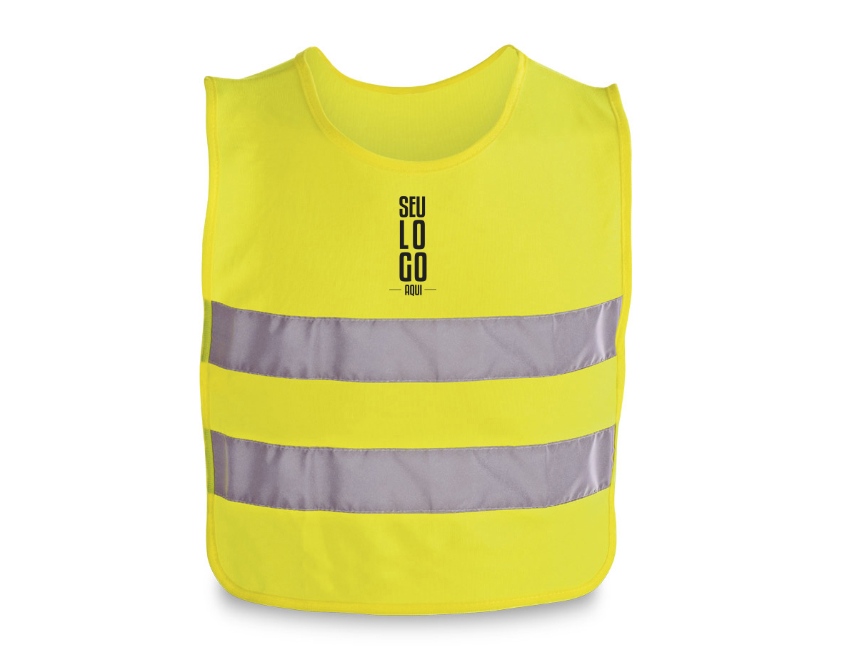 Colete refletivo para criança em poliéster (100%). Contém 2 bandas retrorrefletivas horizontais, fecho com velcro lateral e é certificado pela norma EN 17353. Produto não destinado para uso profissional