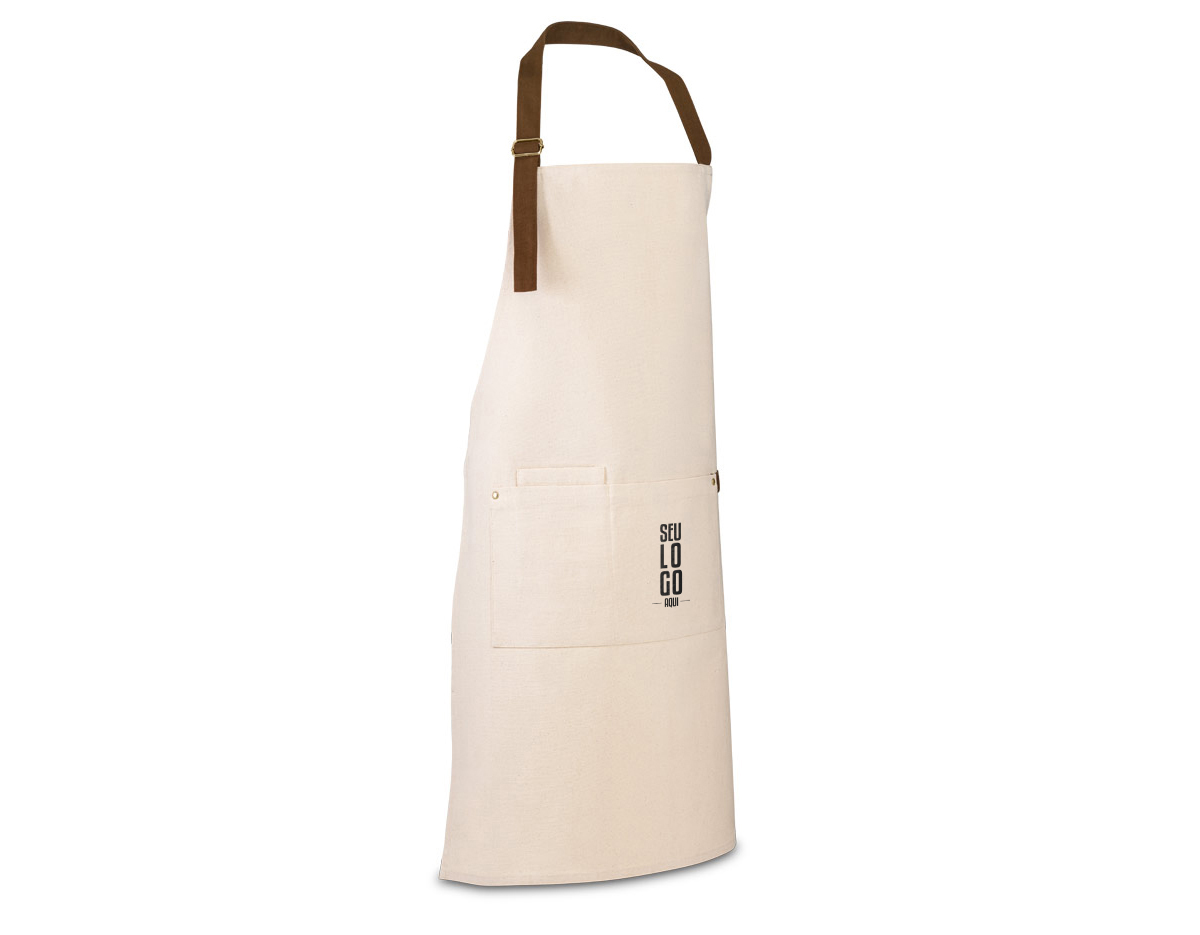Avental em 100% algodão canvas (320 g/m²) com detalhes em metal. Com 3 bolsos multifuncionais e uma tira lateral (para suporte de um pano de cozinha). Tira do pescoço facilmente ajustável
